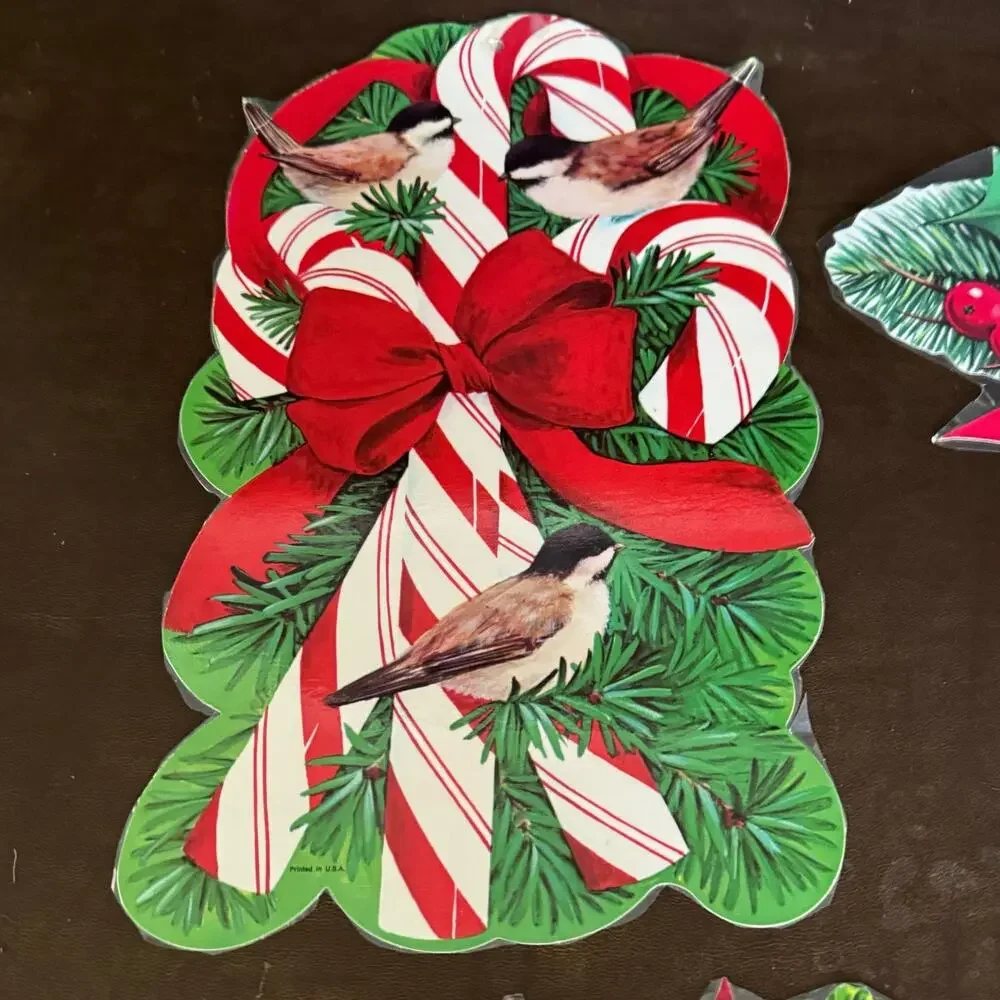 Vintage Christmas Holiday 4 Cut Outs Bell Candy Cane Poinsettia Bird Candle USA
